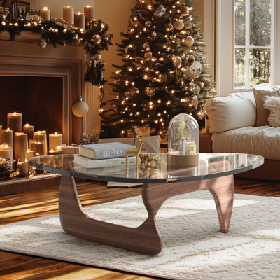 Red Barrel Studio® Triangle Glass Coffee Table with Wooden Base